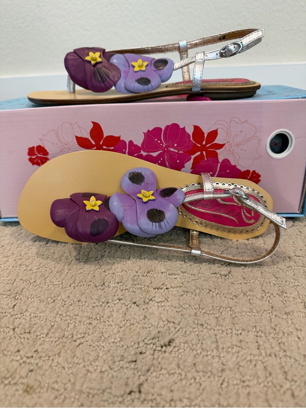 Poetic License Silver Sandals with Purple and Lavender Floral Appliques